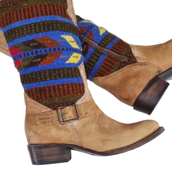 FREEBIRD BY STEVEN QUIXOTE TAN LEATHER WOOL BLANKET SOUTHWEST AZTEC BOOT QXOTE - Picture 4 of 15